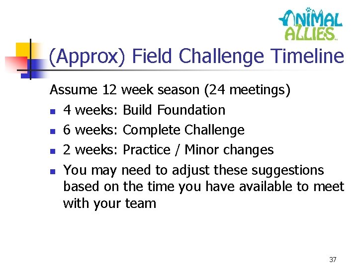 (Approx) Field Challenge Timeline Assume 12 week season (24 meetings) n 4 weeks: Build
