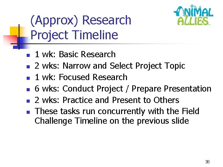 (Approx) Research Project Timeline n n n 1 wk: Basic Research 2 wks: Narrow