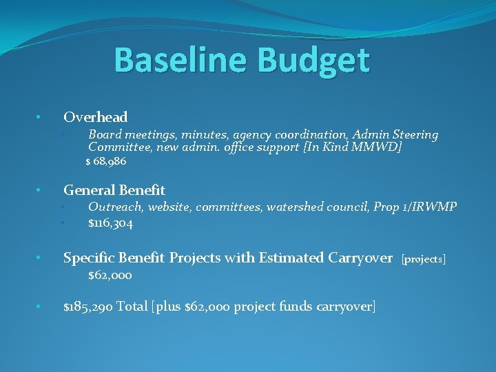 Baseline Budget • Overhead • Board meetings, minutes, agency coordination, Admin Steering Committee, new