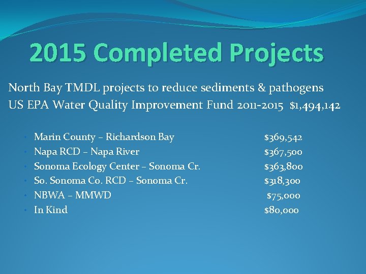 2015 Completed Projects North Bay TMDL projects to reduce sediments & pathogens US EPA