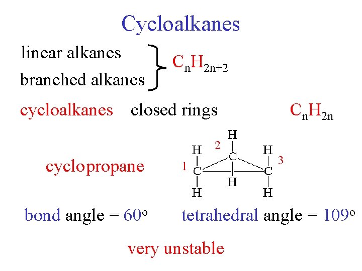 Cycloalkanes linear alkanes branched alkanes Cn. H 2 n+2 cycloalkanes closed rings Cn. H
