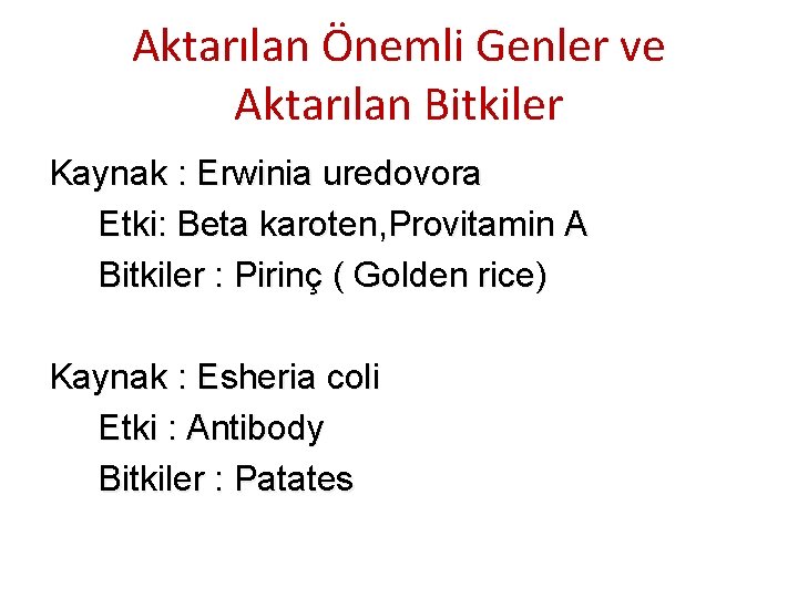 Aktarılan Önemli Genler ve Aktarılan Bitkiler Kaynak : Erwinia uredovora Etki: Beta karoten, Provitamin