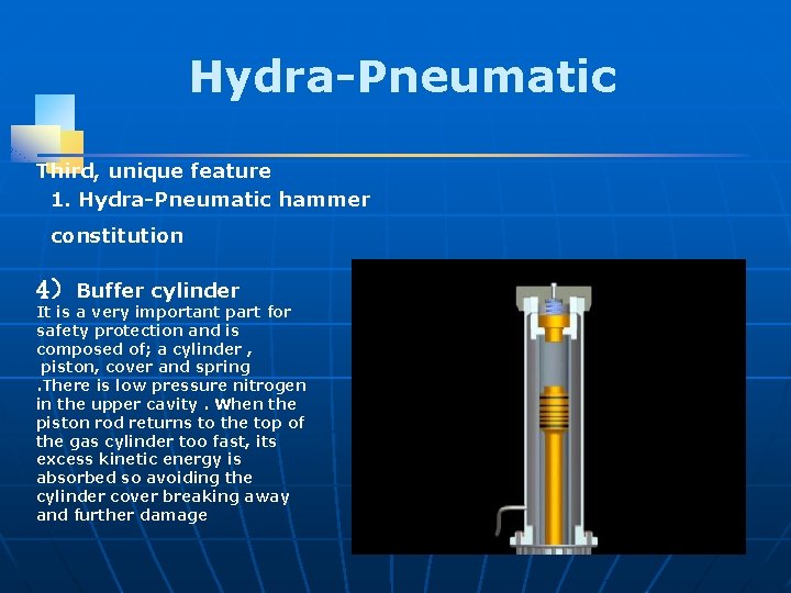 Hydra-Pneumatic Third, unique feature 1. Hydra-Pneumatic hammer constitution 4）Buffer cylinder It is a very