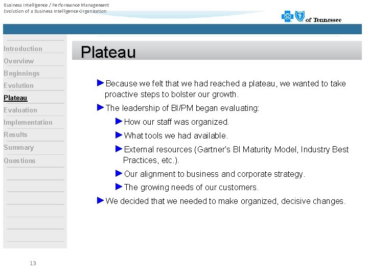 Business Intelligence / Performance Management Evolution of a Business Intelligence Organization Introduction Overview Plateau