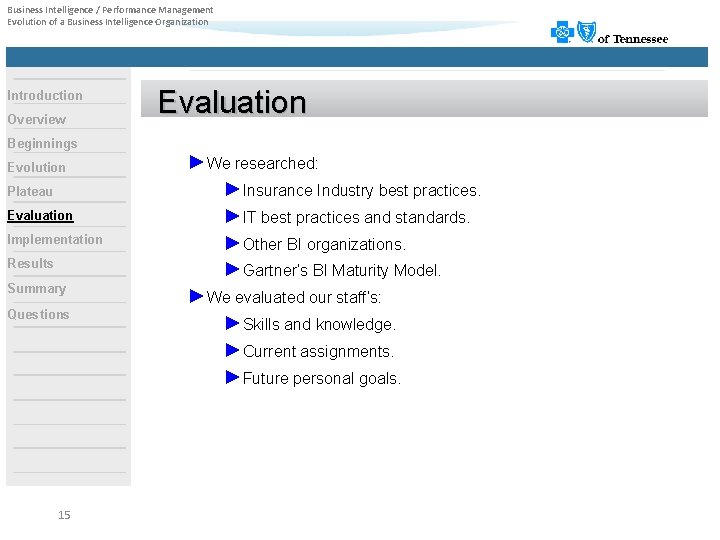 Business Intelligence / Performance Management Evolution of a Business Intelligence Organization Introduction Overview Evaluation