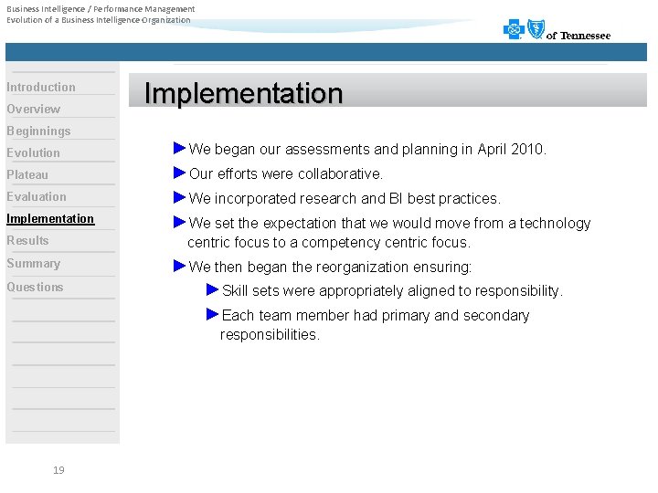Business Intelligence / Performance Management Evolution of a Business Intelligence Organization Introduction Overview Implementation