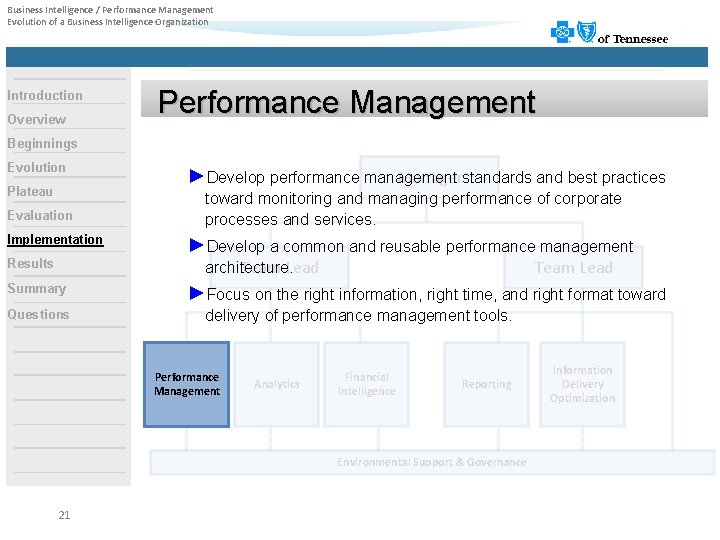 Business Intelligence / Performance Management Evolution of a Business Intelligence Organization Introduction Overview Performance
