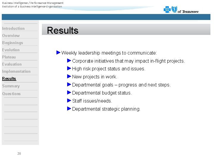 Business Intelligence / Performance Management Evolution of a Business Intelligence Organization Introduction Overview Results