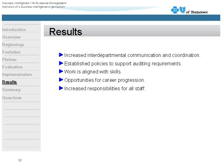Business Intelligence / Performance Management Evolution of a Business Intelligence Organization Introduction Overview Results
