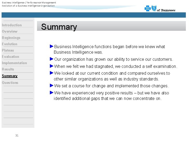 Business Intelligence / Performance Management Evolution of a Business Intelligence Organization Introduction Overview Summary
