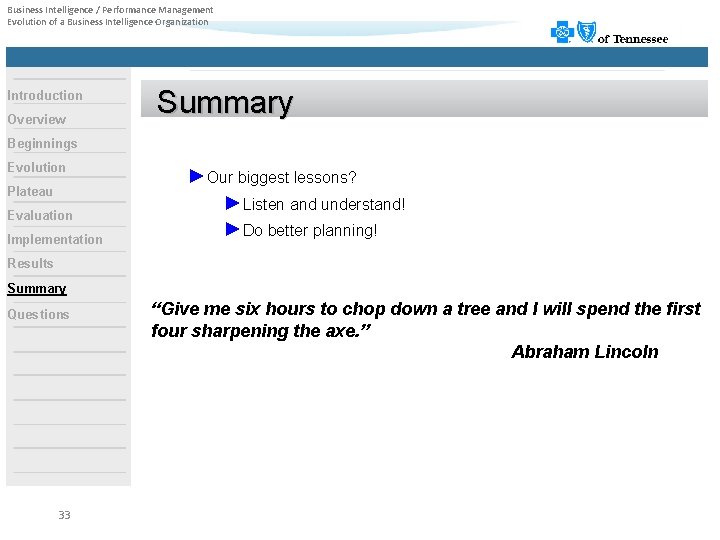 Business Intelligence / Performance Management Evolution of a Business Intelligence Organization Introduction Overview Summary