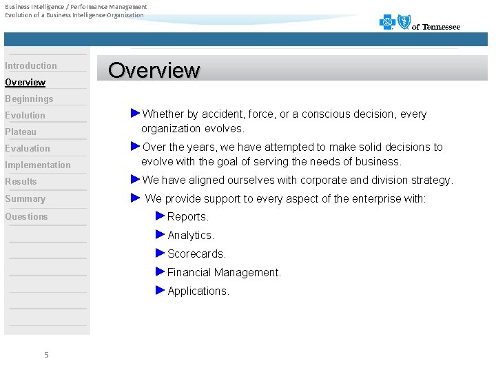 Business Intelligence / Performance Management Evolution of a Business Intelligence Organization Introduction Overview Beginnings
