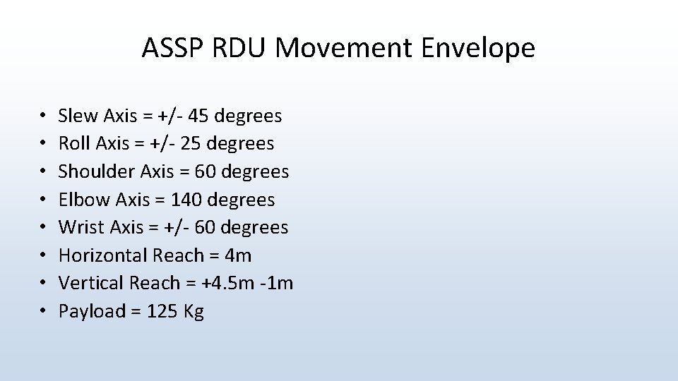 ASSP RDU Movement Envelope • • Slew Axis = +/- 45 degrees Roll Axis