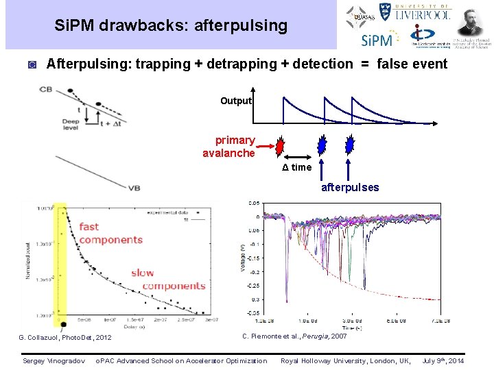 Si. PM drawbacks: afterpulsing ◙ Afterpulsing: trapping + detection = false event Output primary