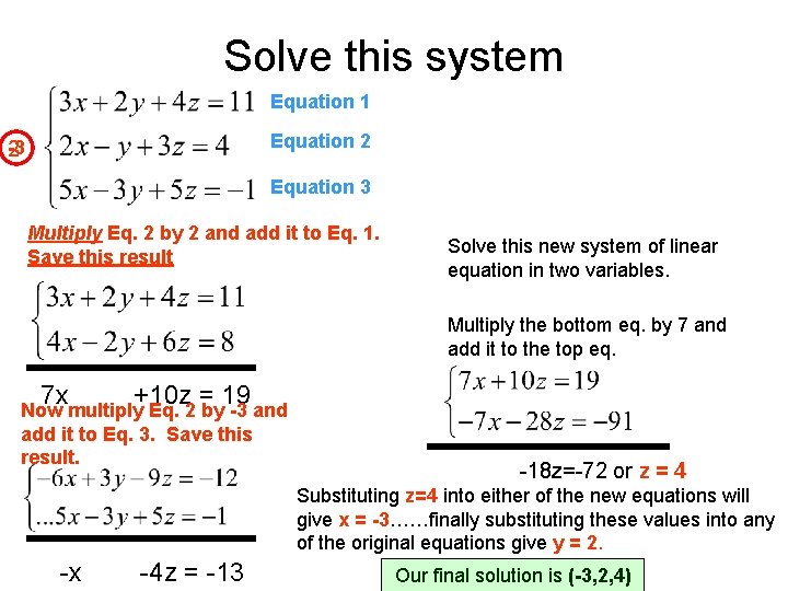 Solve this system Equation 1 Equation 2 -3 2 Equation 3 Multiply Eq. 2