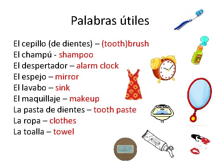 Palabras útiles El cepillo (de dientes) – (tooth)brush El champú - shampoo El despertador