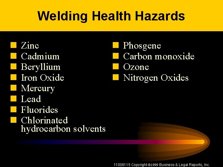 Welding Health Hazards n n n n Zinc Cadmium Beryllium Iron Oxide Mercury Lead