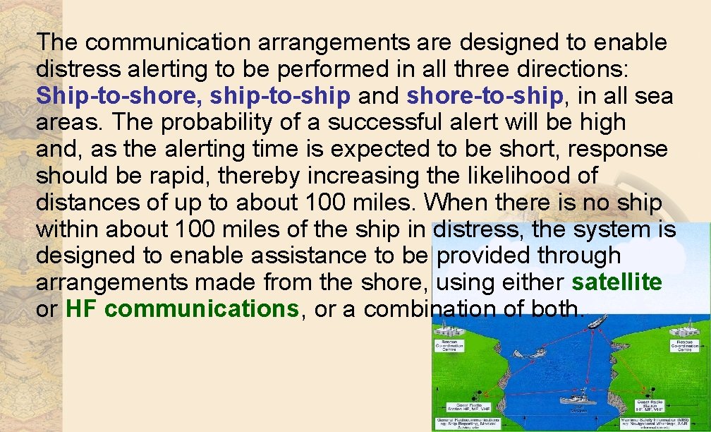 The communication arrangements are designed to enable distress alerting to be performed in all