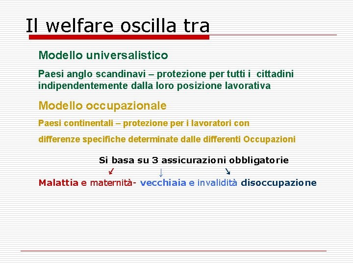 Il welfare oscilla tra Modello universalistico Paesi anglo scandinavi – protezione per tutti i