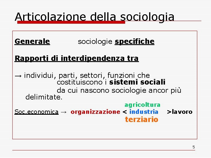 Articolazione della sociologia Generale sociologie specifiche Rapporti di interdipendenza tra → individui, parti, settori,