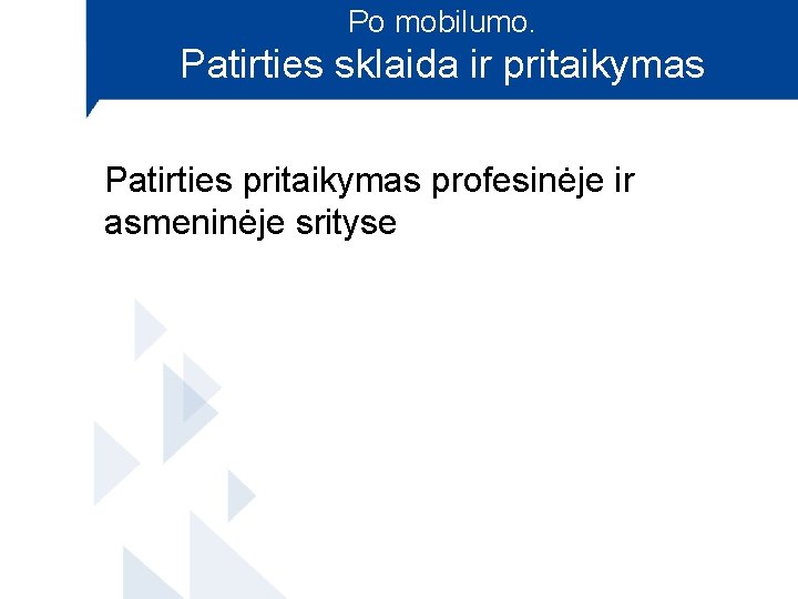 Po mobilumo. Patirties sklaida ir pritaikymas Patirties pritaikymas profesinėje ir asmeninėje srityse 