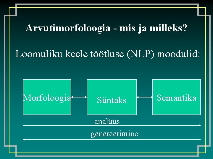 Arvutimorfoloogia - mis ja milleks? Loomuliku keele töötluse (NLP) moodulid: Morfoloogia Süntaks analüüs genereerimine