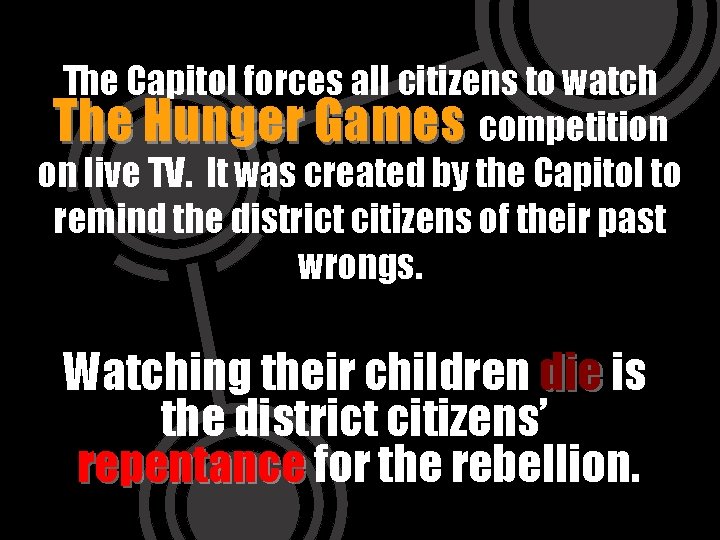 The Capitol forces all citizens to watch The Hunger Games competition on live TV.