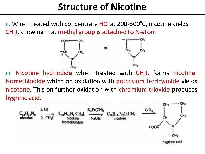 Structure of Nicotine ii. When heated with concentrate HCl at 200 -300°C, nicotine yields