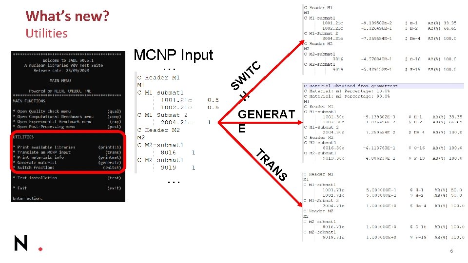 What’s new? Utilities MCNP Input … C T I SW H GENERAT E TR