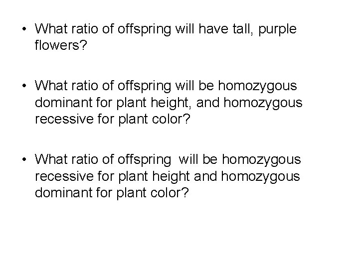  • What ratio of offspring will have tall, purple flowers? • What ratio