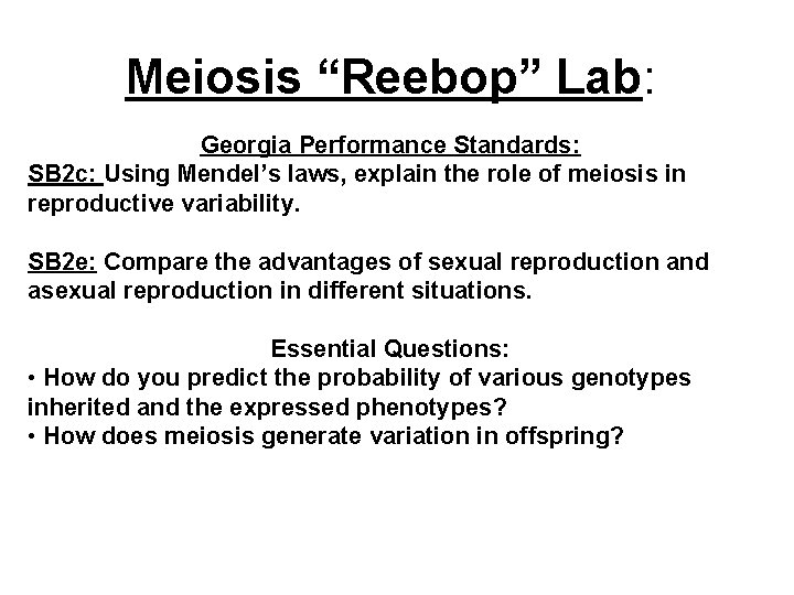 Meiosis “Reebop” Lab: Georgia Performance Standards: SB 2 c: Using Mendel’s laws, explain the
