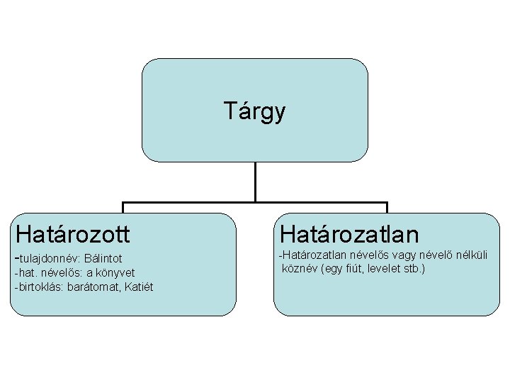 Tárgy Határozott Határozatlan -tulajdonnév: Bálintot -Határozatlan névelős vagy névelő nélküli köznév (egy fiút, levelet