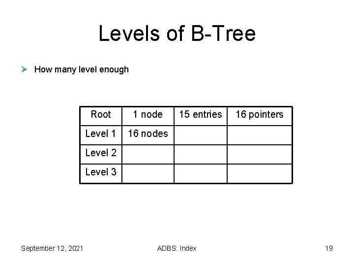 Levels of B-Tree Ø How many level enough Root 1 node Level 1 16 Levels of B-Tree Ø How many level enough Root 1 node Level 1 16