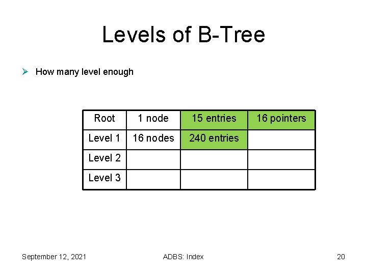 Levels of B-Tree Ø How many level enough Root 1 node 15 entries Level Levels of B-Tree Ø How many level enough Root 1 node 15 entries Level