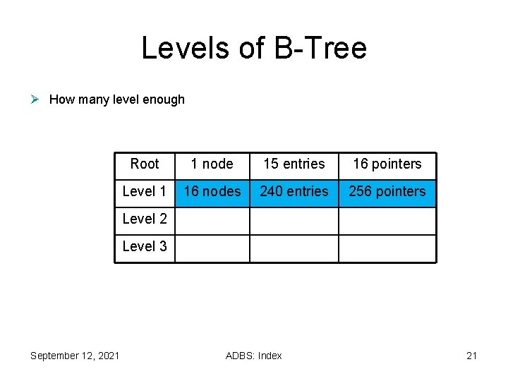 Levels of B-Tree Ø How many level enough Root 1 node 15 entries 16 Levels of B-Tree Ø How many level enough Root 1 node 15 entries 16