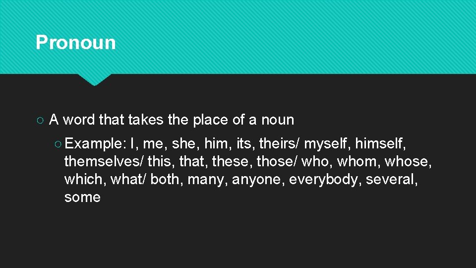 Pronoun ○ A word that takes the place of a noun ○ Example: I,