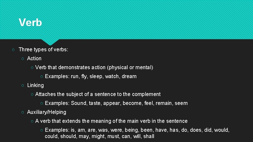 Verb ○ Three types of verbs: ○ Action ○ Verb that demonstrates action (physical