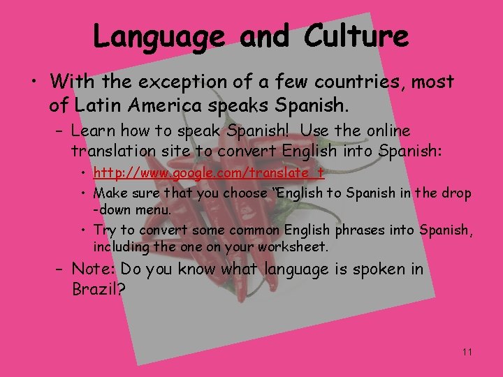 Language and Culture • With the exception of a few countries, most of Latin