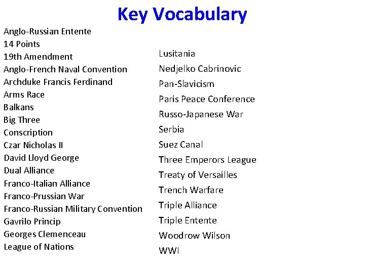 Key Vocabulary Anglo-Russian Entente 14 Points 19 th Amendment Anglo-French Naval Convention Archduke Francis