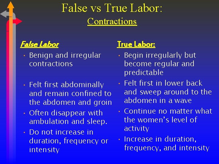 False vs True Labor: Contractions False Labor • Benign and irregular contractions True Labor: