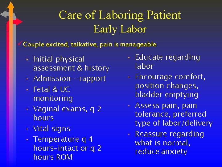 Care of Laboring Patient Early Labor üCouple excited, talkative, pain is manageable • Initial
