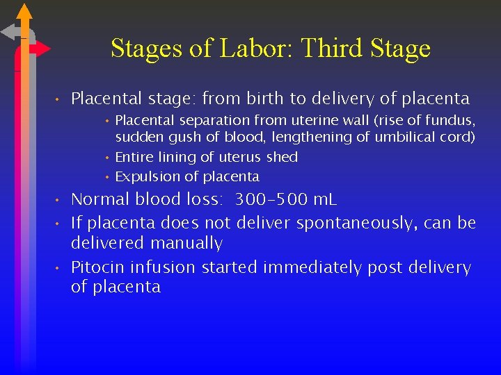 Stages of Labor: Third Stage • Placental stage: from birth to delivery of placenta