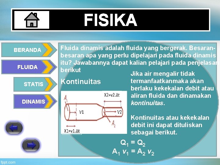 FISIKA BERANDA FLUIDA STATIS DINAMIS Fluida dinamis adalah fluida yang bergerak. Besaranbesaran apa yang