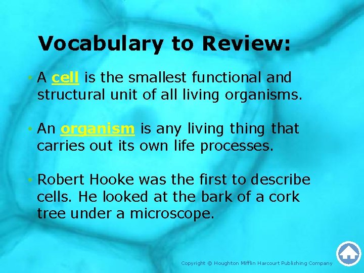 Vocabulary to Review: • A cell is the smallest functional and structural unit of