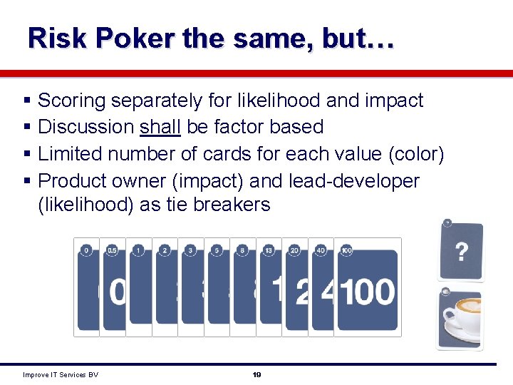 Risk Poker the same, but… § Scoring separately for likelihood and impact § Discussion