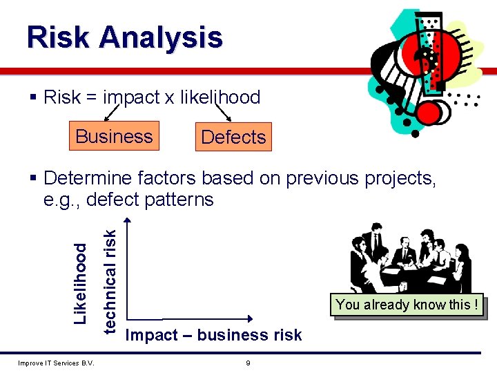 Risk Analysis § Risk = impact x likelihood Business Defects Improve IT Services B.