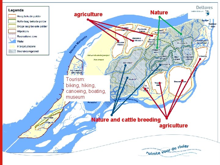 agriculture Nature Tourism: biking, hiking, canoeing, boating, museum Nature and cattle breeding agriculture 