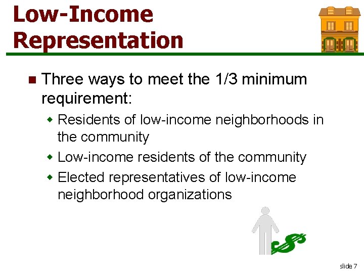 Low-Income Representation n Three ways to meet the 1/3 minimum requirement: w Residents of