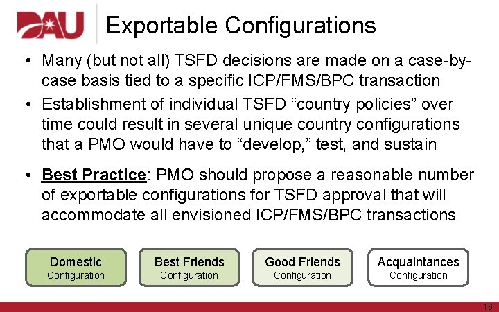 Exportable Configurations • Many (but not all) TSFD decisions are made on a case-bycase
