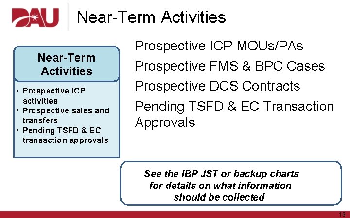 Near-Term Activities • Prospective ICP activities • Prospective sales and transfers • Pending TSFD